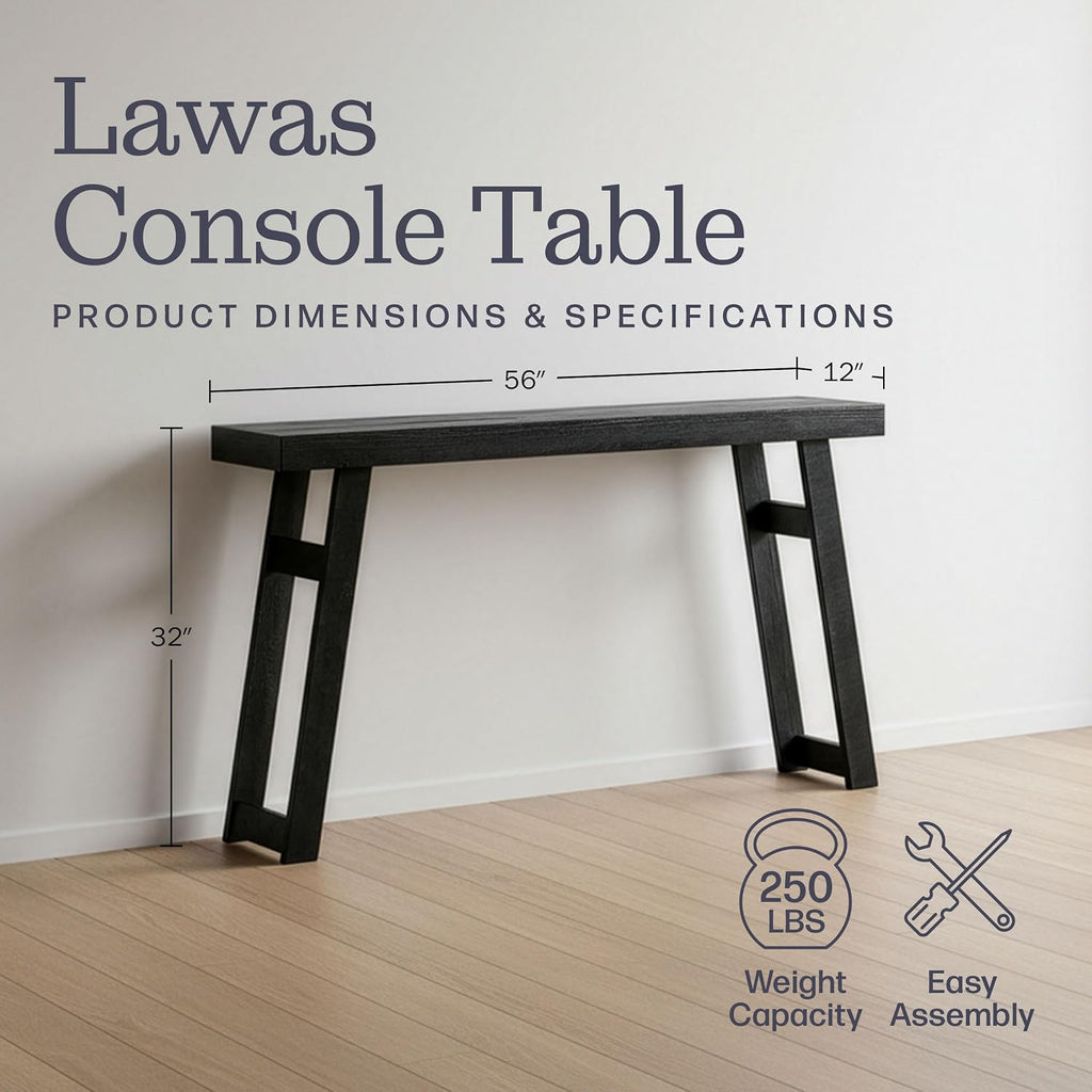 Alaterre Furniture Lawas Solid Wood Console Table - 56 Inch Modern Farmhouse Entryway Table - Easy Assembly Living Room Furniture for Behind The Couch, Entryway, or Hallway (Black)