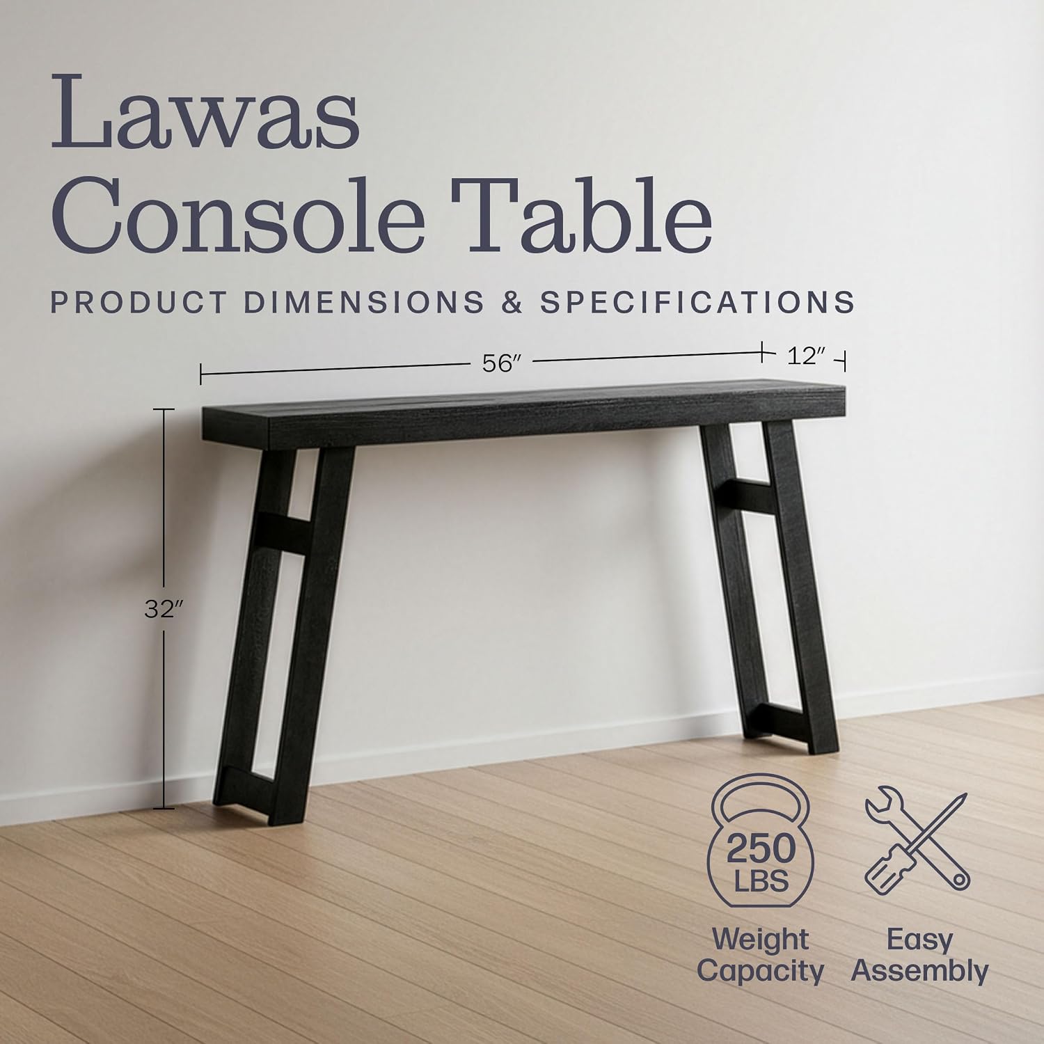 Alaterre Furniture Lawas Solid Wood Console Table - 56 Inch Modern Farmhouse Entryway Table - Easy Assembly Living Room Furniture for Behind The Couch, Entryway, or Hallway (Black)