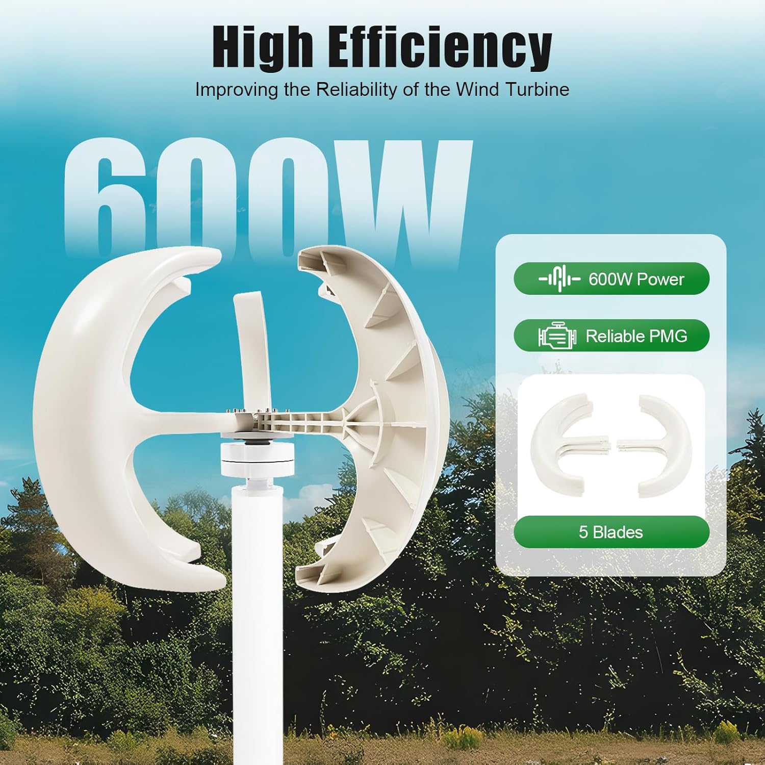 600W Wind Turbine Generator, DC 12V 5-Blade Lantern Wind Turbine Generator, Vertical Axis Wind Power, Lantern Shape, Wind Turbine Kit for Home, Business, Industrial Energy Supply (White)