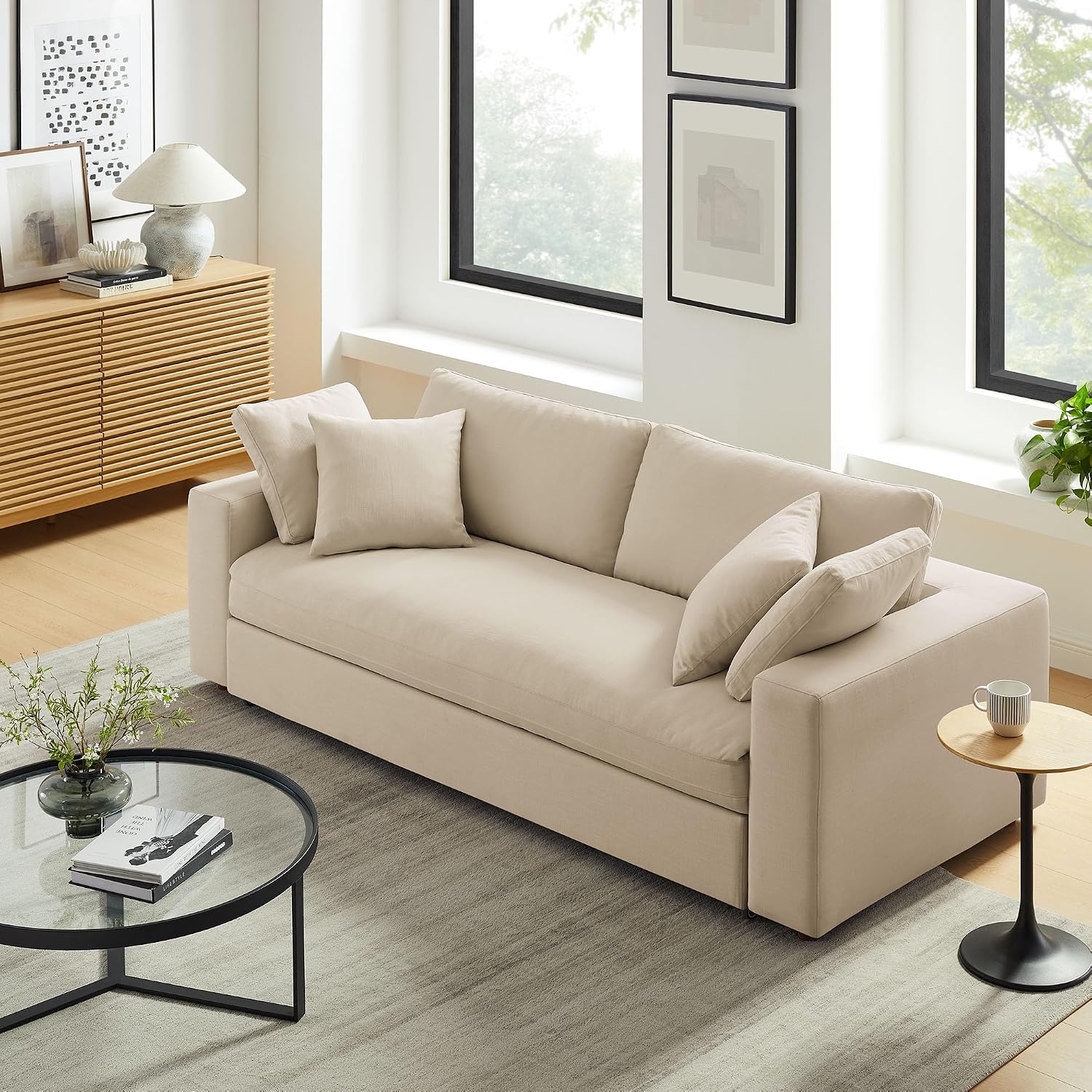Modway Commix Down Filled Fabric Sleeper Sofa in Light Beige