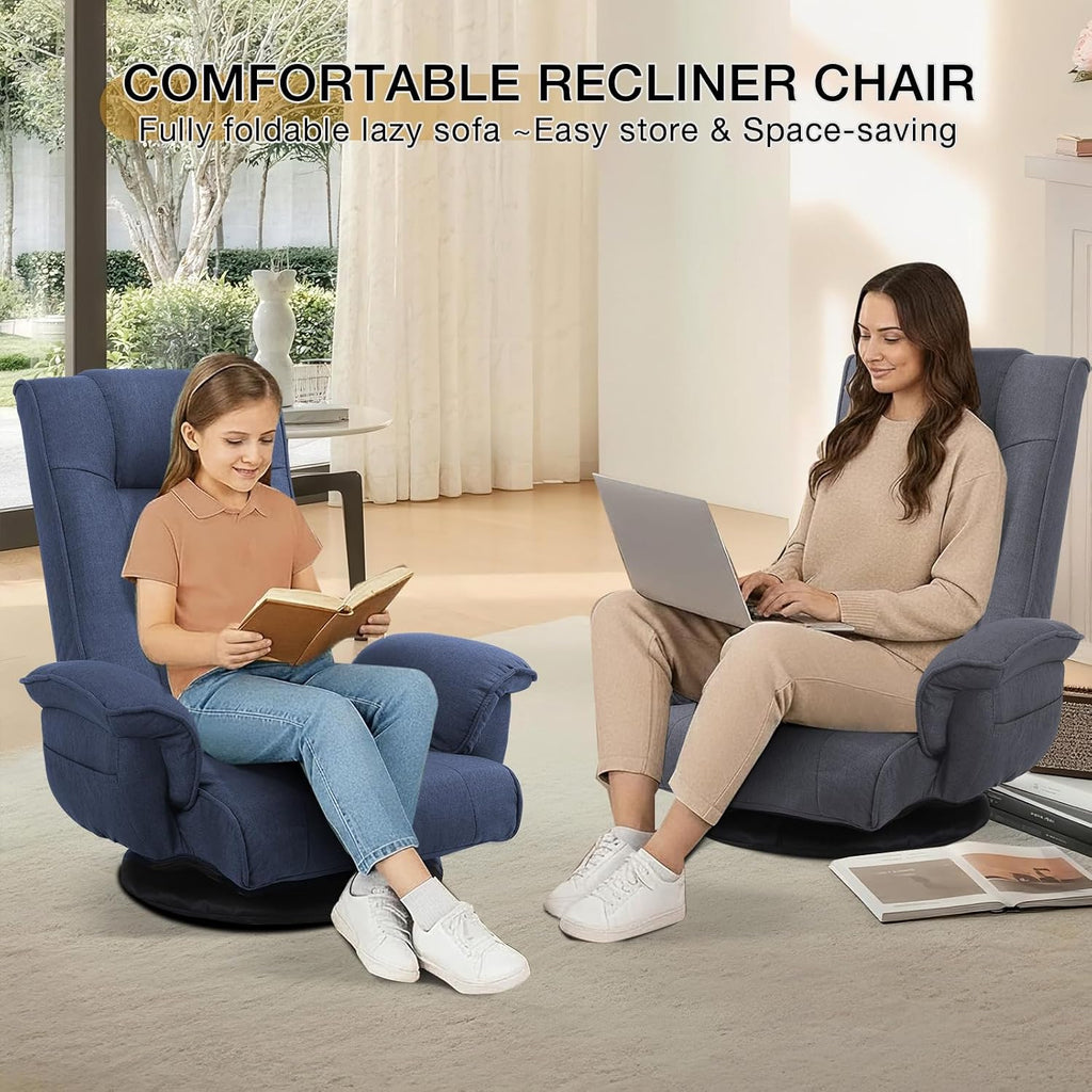 Linen Fabric Ergonomic Gaming Chair, 6-Position Reclining Sofa Bed with Lumbar Support, Foldable Floor Lounger with Thick Cushion, Armrests & Side Pockets for Esports, Reading, Napping (Blue)
