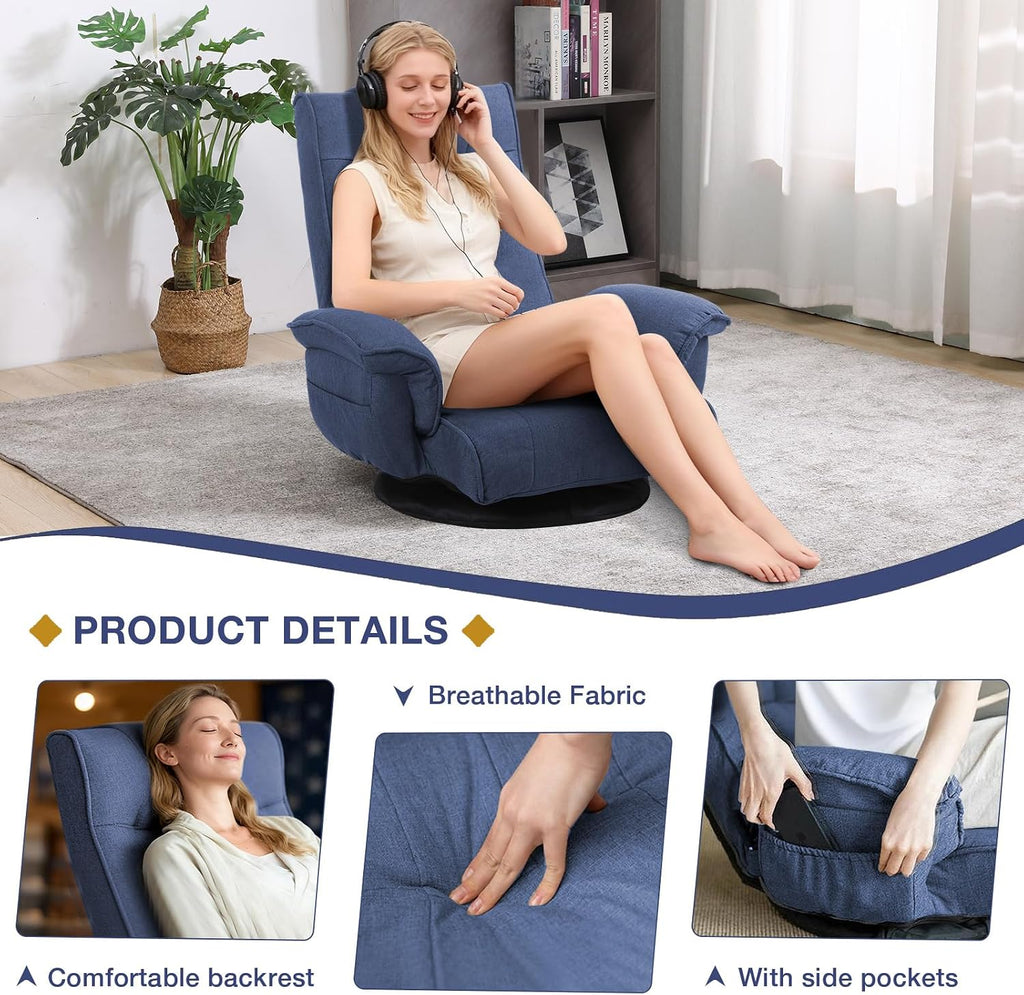 Linen Fabric Ergonomic Gaming Chair, 6-Position Reclining Sofa Bed with Lumbar Support, Foldable Floor Lounger with Thick Cushion, Armrests & Side Pockets for Esports, Reading, Napping (Blue)