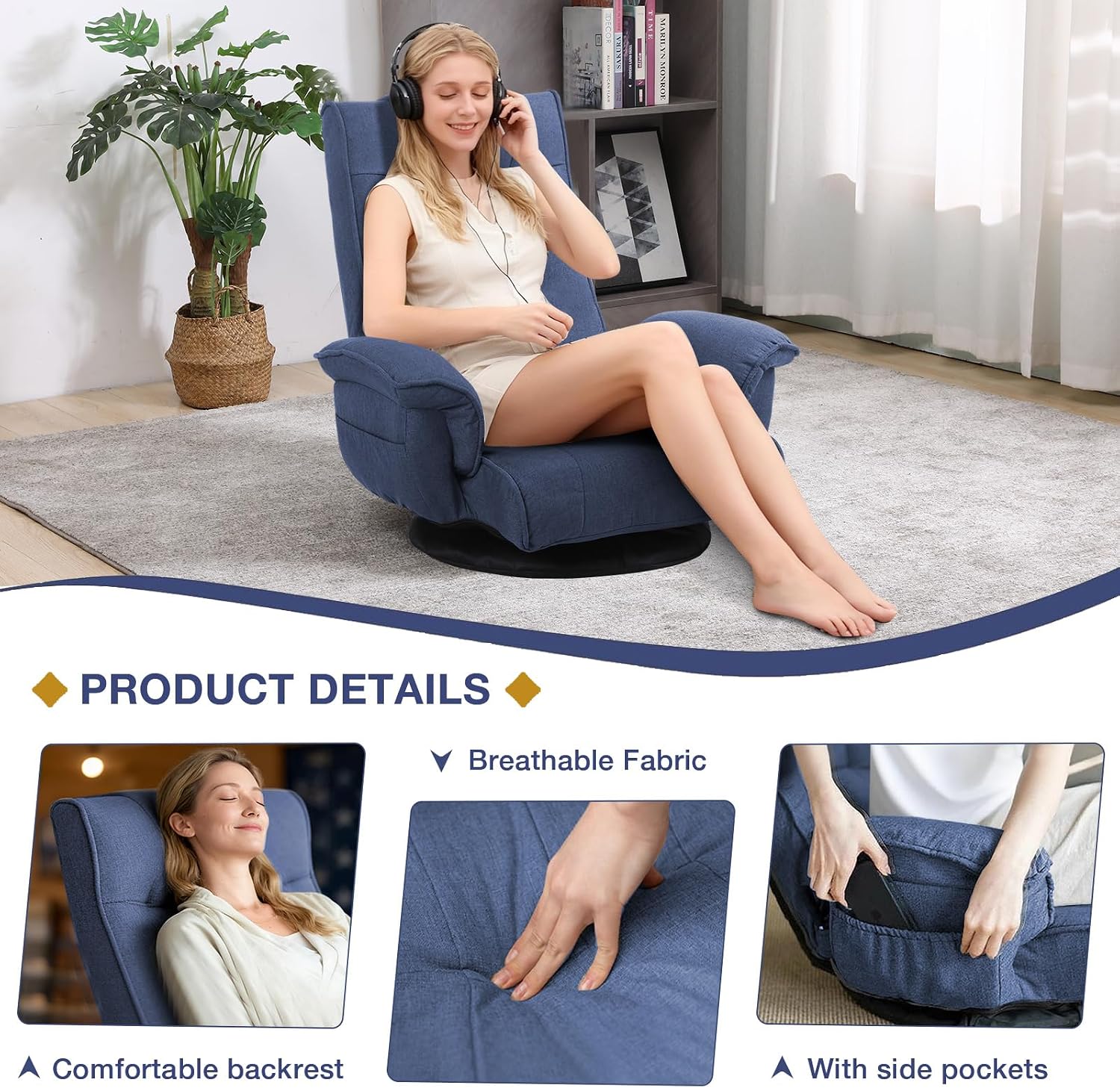 Linen Fabric Ergonomic Gaming Chair, 6-Position Reclining Sofa Bed with Lumbar Support, Foldable Floor Lounger with Thick Cushion, Armrests & Side Pockets for Esports, Reading, Napping (Blue)