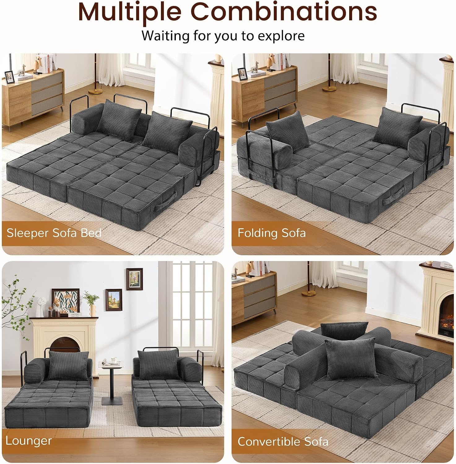Korser Folding Convertible Sofa Bed, Corduroy Upholstered Boneless Couch, Small Sectional Cloud Couch, Loveseat Sleeper Sofa, Modular Futon Floor Sofa Couch for Living Room Bedroom Lounge, No Assembly
