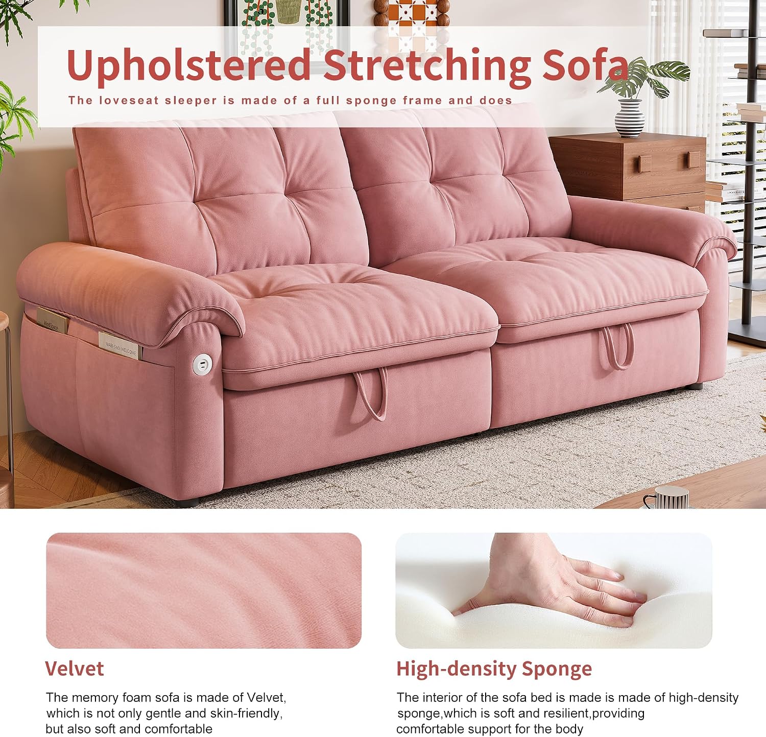 77' Queen Size Sofa Bed, Loveseat Sleeper Sofa with Pull Out Bed, Pockets and USB, Modern 2 Seater Convertible Small Couch for Living Room Bedroom Apartment, Pink