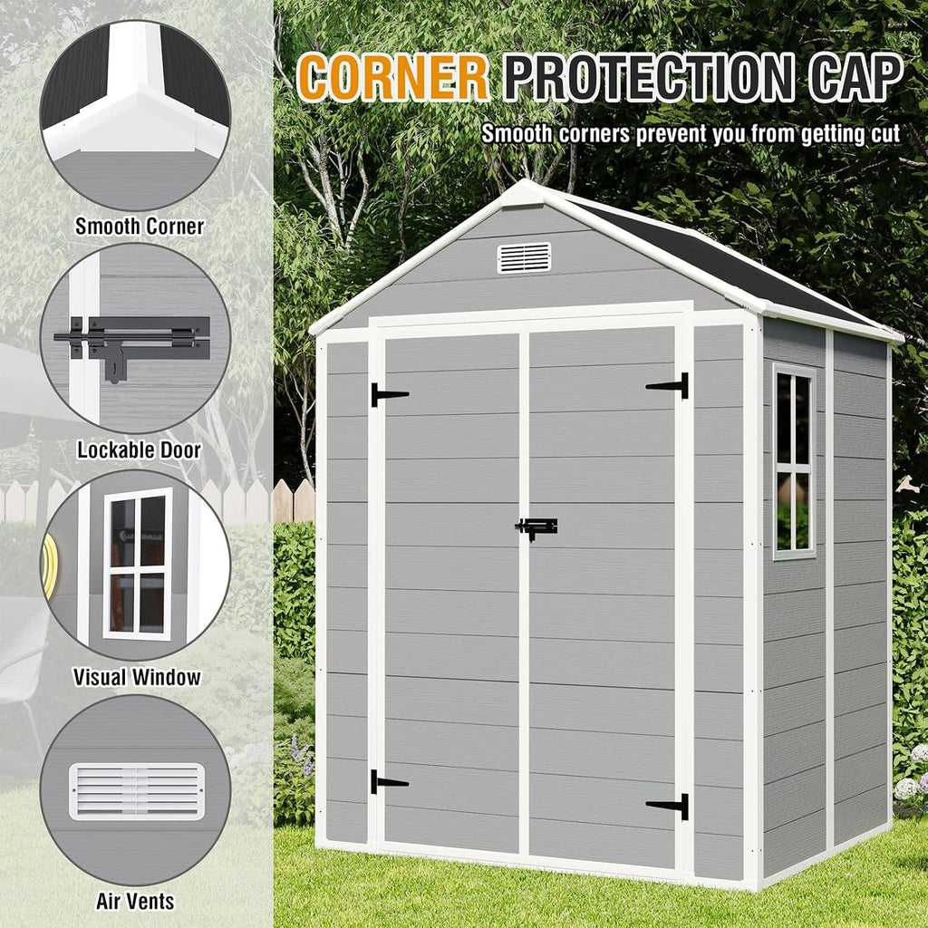 6 x 5 FT Resin Outdoor Storage Shed, Plastic Garden Shed with Floor, Large Storage Space, Lockable Doors & Windows, Plastic Tool Shed, 12mm Thick PP Board (6X5 FT)