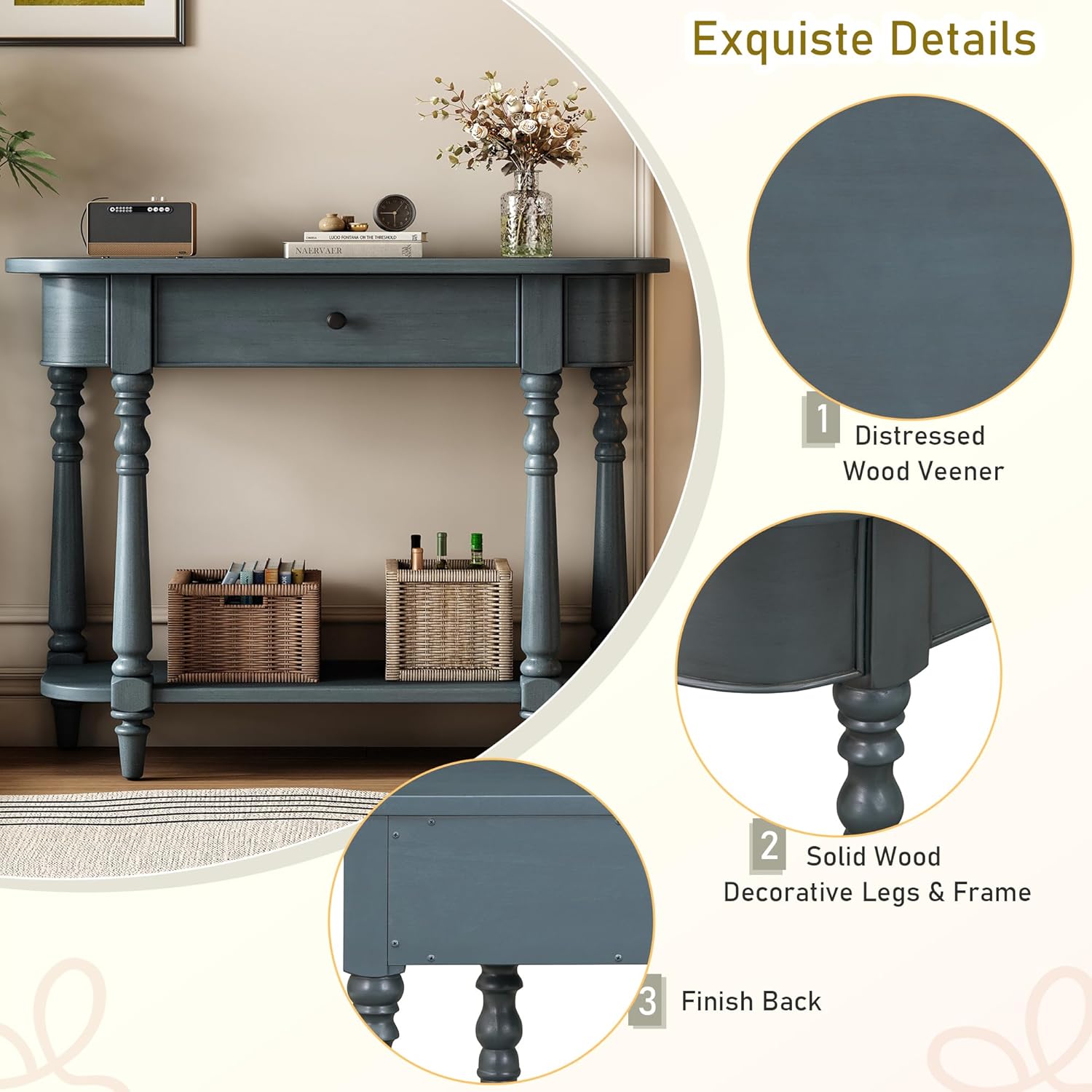 Small Curved Console Table 36-Inch Retro Farmhouse Entryway Sofa Table with Drawer & Storage Shelf for Entry Hallway Foyer Living Room Furniture, Solid Wood Legs, Space-Saving, Navy