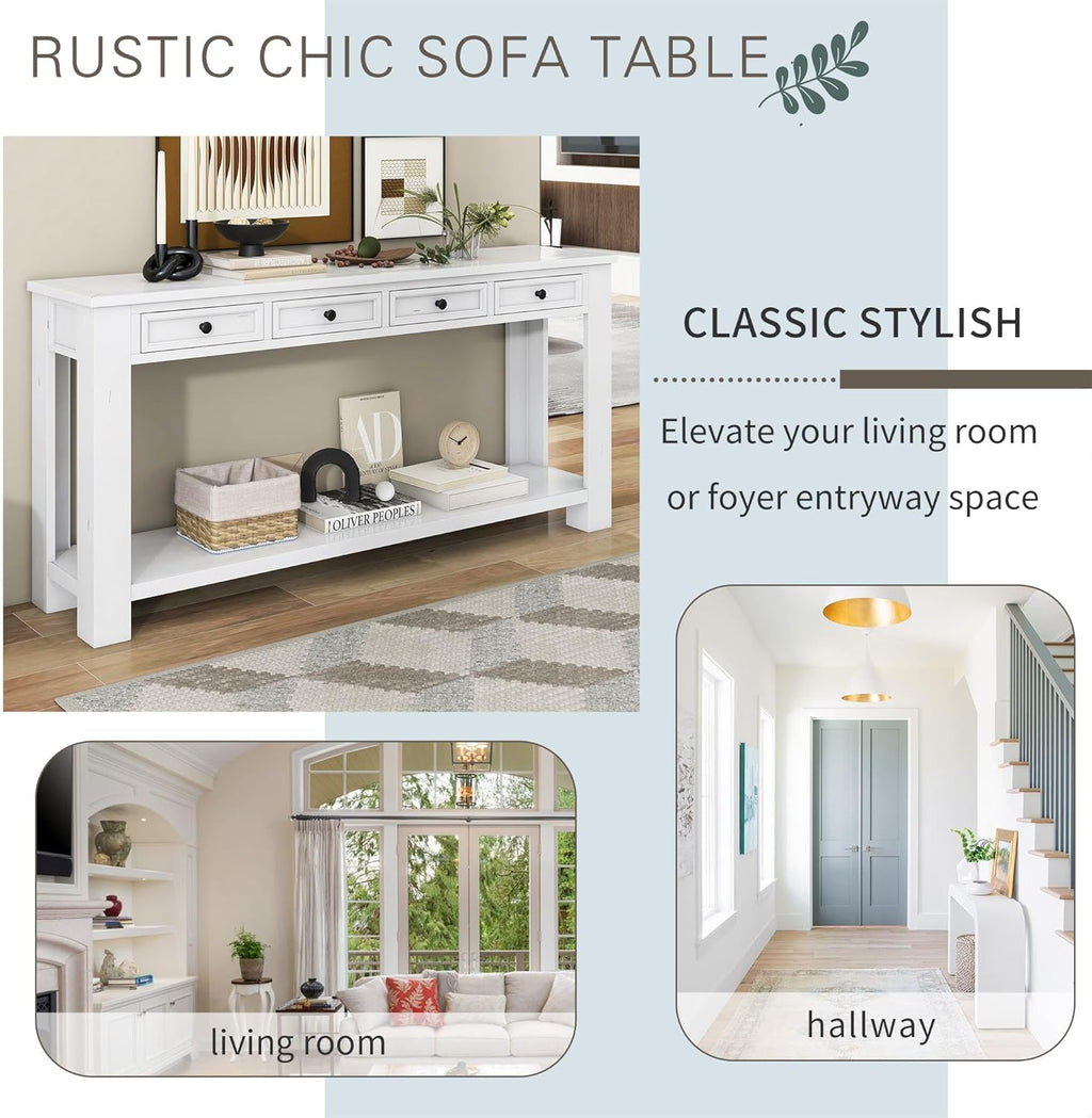 GDFStudio Farmhouse Console Table with 4 Drawer 63' Long Rustic Entryway Table with Open Storage Shelves Vintage Metal Handle Narrow Foyer Sofa Tables for Living Room Entryway Hallway, Antique White