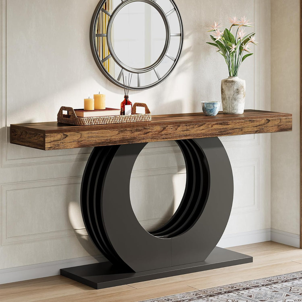Tribesigns 63-Inch Console Sofa Table, Rustic Industrial Farmhouse Entryway Table, Narrow Long Couch Console Behind Sofa with Black Circle Base for Living Room Hallway, Rustic Brown