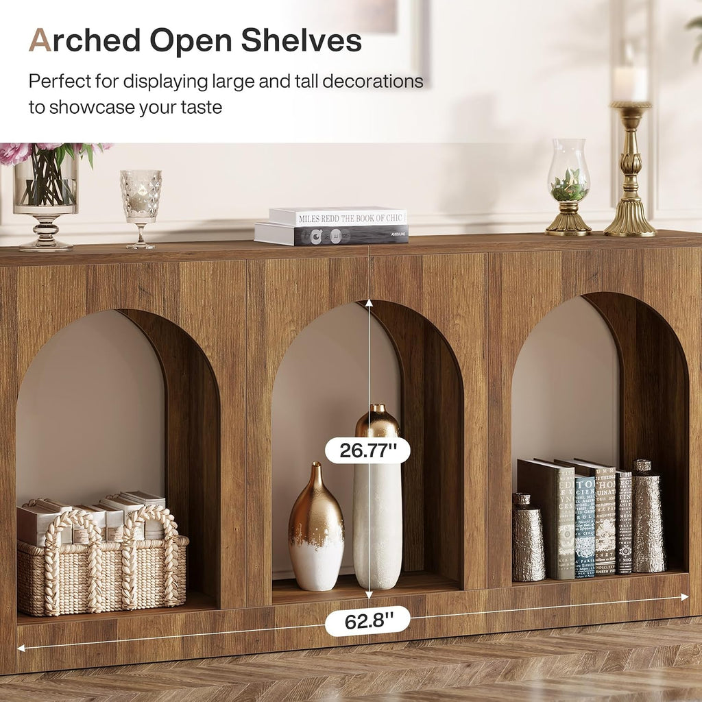 Tribesigns 70.9' Console Table with Storage, Wood Entryway Entry Table with 3 Arched Shelves for Foyer, Hallway, Living Room, Behind Couch Sofa, Narrow Long, Brown