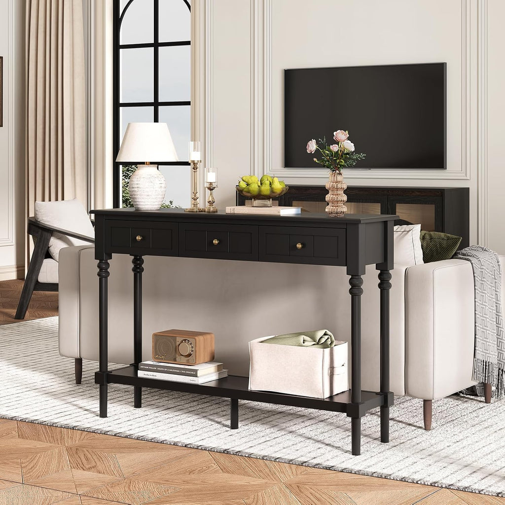 JOINICE Console Tables with Drawers,43' Entryway Table with Shelf and Solid Wood Legs,Narrow Long Sofa Table with Storage, Wood Foyer Tables for Entryway,Living Room,Hallway,Black