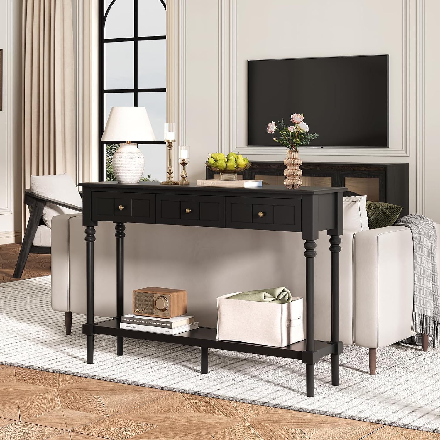 JOINICE Console Tables with Drawers,43' Entryway Table with Shelf and Solid Wood Legs,Narrow Long Sofa Table with Storage, Wood Foyer Tables for Entryway,Living Room,Hallway,Black