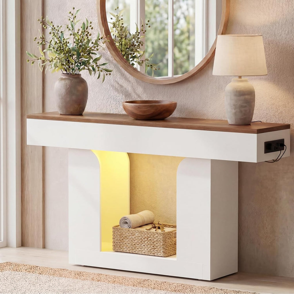 Homieasy Console Table, 47' Entryway Table with LED Lights & Charging Station, Farmhouse Wooden Sofa Table Behind Couch, Narrow Hallway Table for Living Room, Foyer, Entry, Antique White & Brown