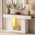 Homieasy Console Table, 47' Entryway Table with LED Lights & Charging Station, Farmhouse Wooden Sofa Table Behind Couch, Narrow Hallway Table for Living Room, Foyer, Entry, Antique White & Brown
