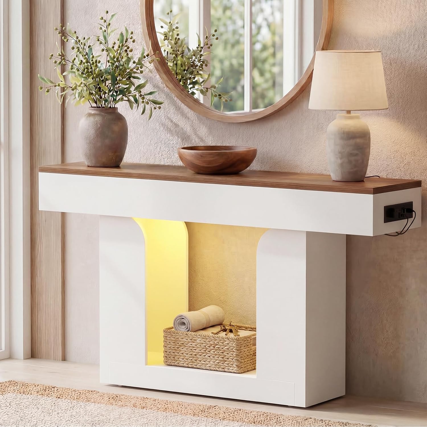 Homieasy Console Table, 47' Entryway Table with LED Lights & Charging Station, Farmhouse Wooden Sofa Table Behind Couch, Narrow Hallway Table for Living Room, Foyer, Entry, Antique White & Brown