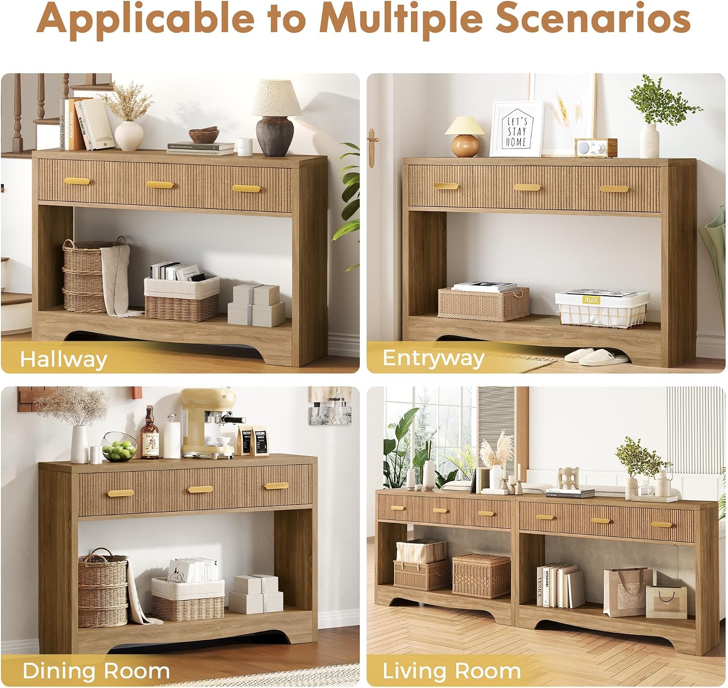 Fluted Console Table with Drawers, 47' Narrow Entryway Table with 3 Drawers and Open Storage Shelf, Long Sofa Tables Modern Behind Couch Tables for Living Room, Foyer and Hallway