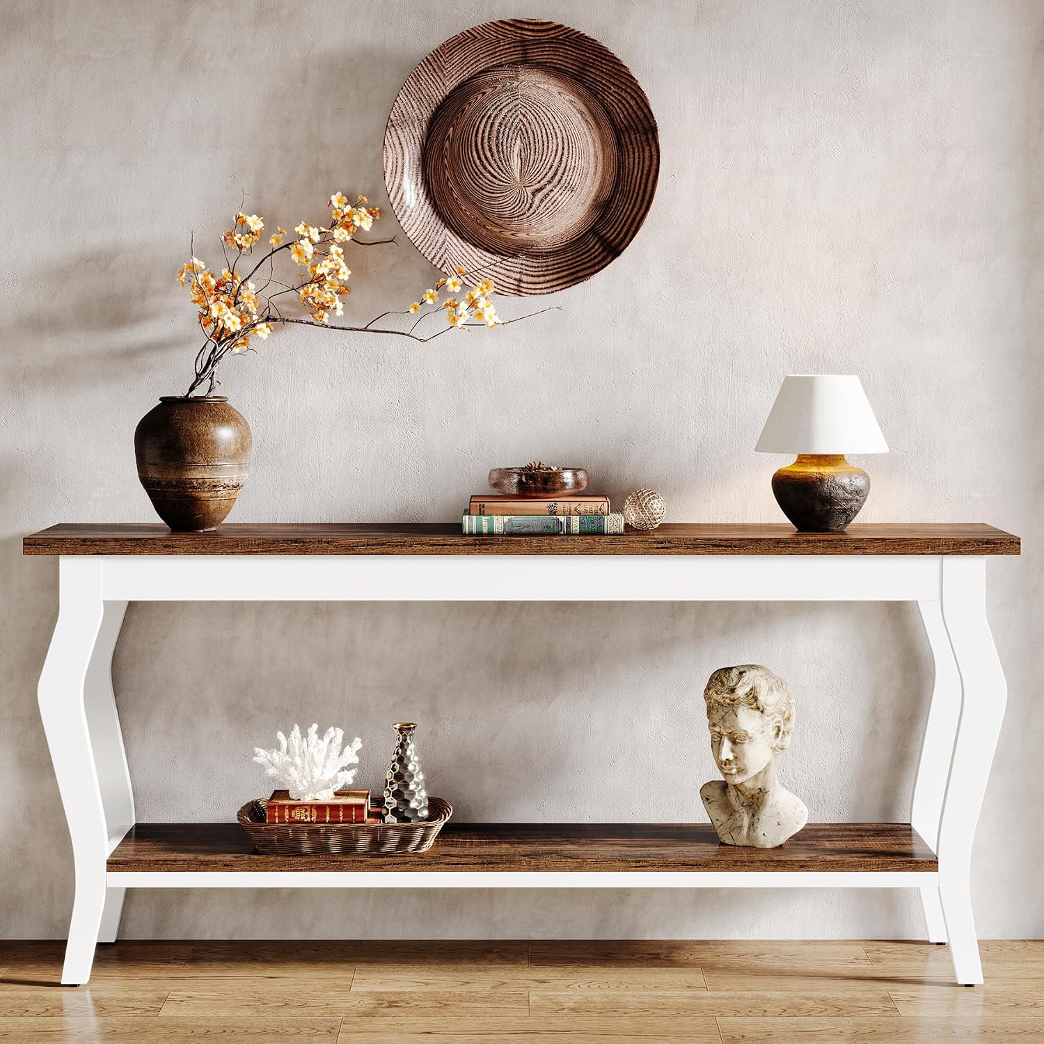 Tribesigns 70.9 Inches Extra Long Sofa Table Behind Couch, Vintage Console Entry Table with 2-Tier Storage for Hallway, Entryway, Living Room, White & Brown