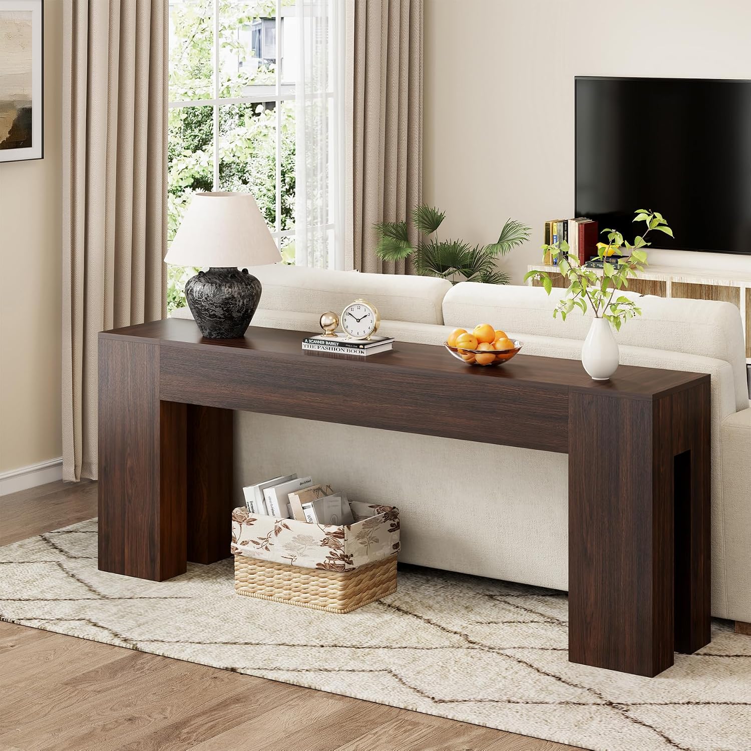 Epecoya Extra Long Sofa Console Table for Entryway Living Room, 79-Inch Farmhouse Wood Behind Couch Table, Rectangular Accent Console with Wooden Double Base for Hallway Foyer Entrance, Walnut Brown