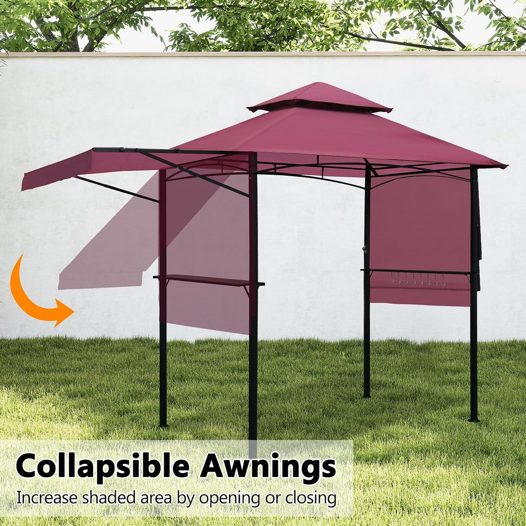 14 x 5 Grill Gazebo, Outdoor BBQ Grill Patio Canopy with 2 Handy Shelves & Extra Awning LED Lights, Double Roof Barbecue Gazebo Canopy (Red)