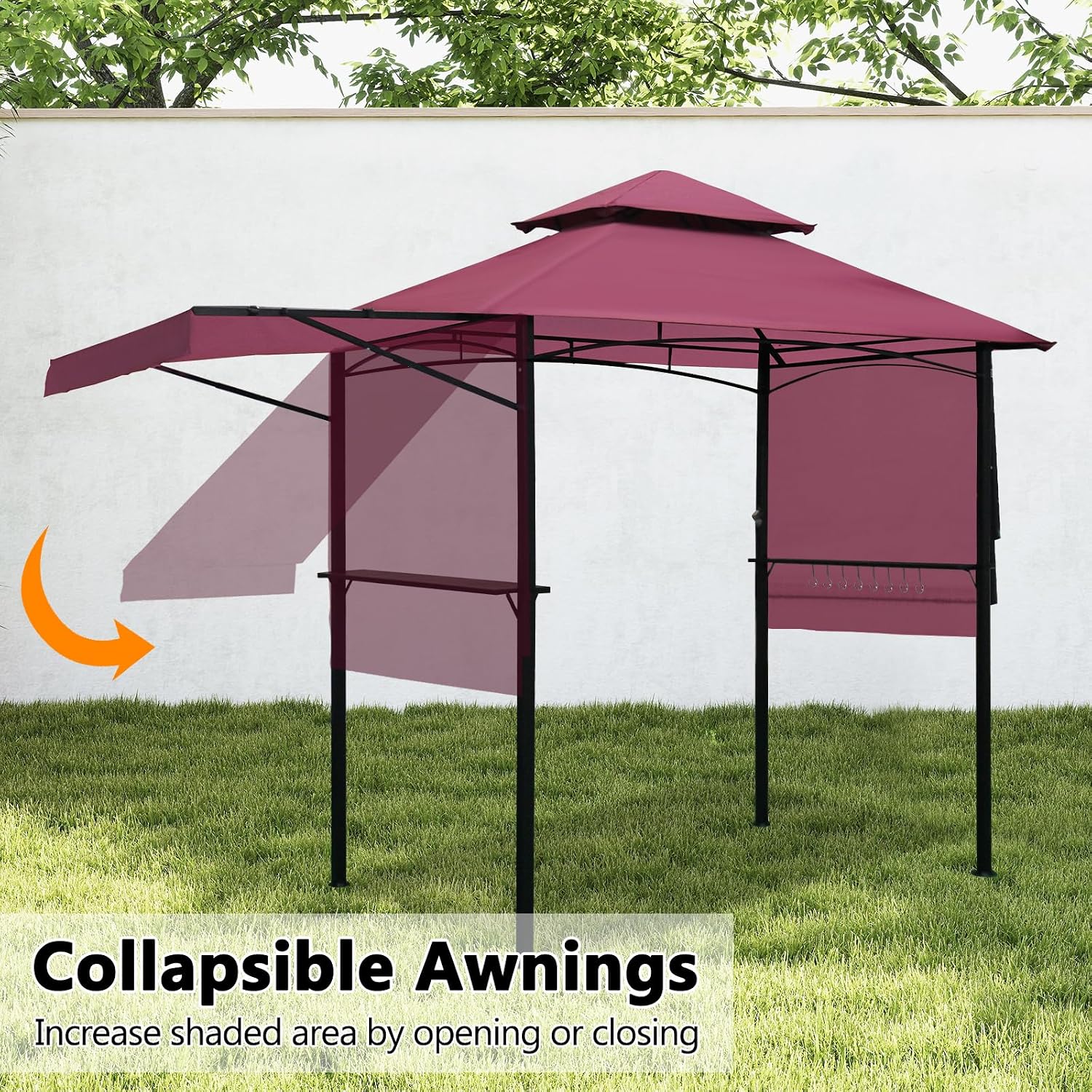 14 x 5 Grill Gazebo, Outdoor BBQ Grill Patio Canopy with 2 Handy Shelves & Extra Awning LED Lights, Double Roof Barbecue Gazebo Canopy (Red)