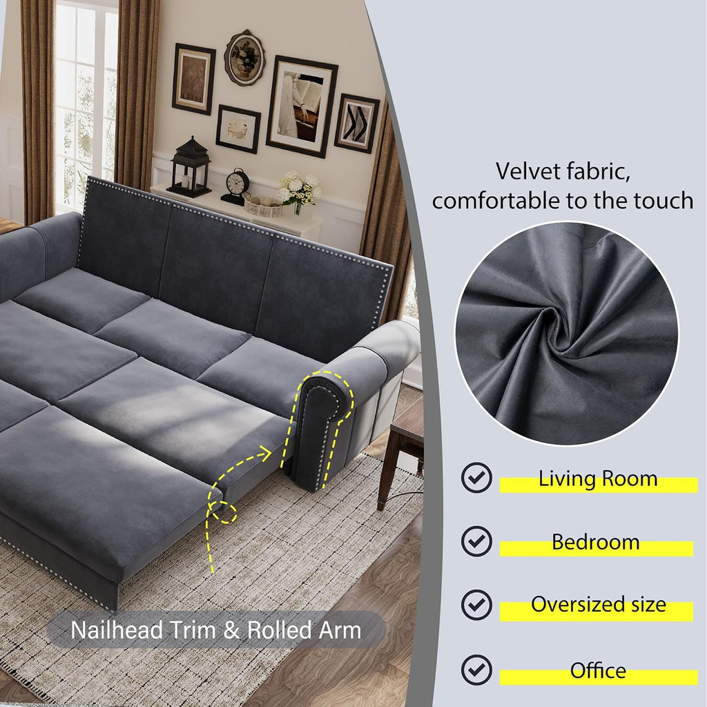93.7' King Pull Out Sofa Bed, 3 in 1 Convertible Sleeper Sofa Couch 3-Seater, Velvet Folding Loveseat Sleeper Sofa with Deep Seat, Nailhead Trim & Rolled Arm for Living Room (Light Grey)