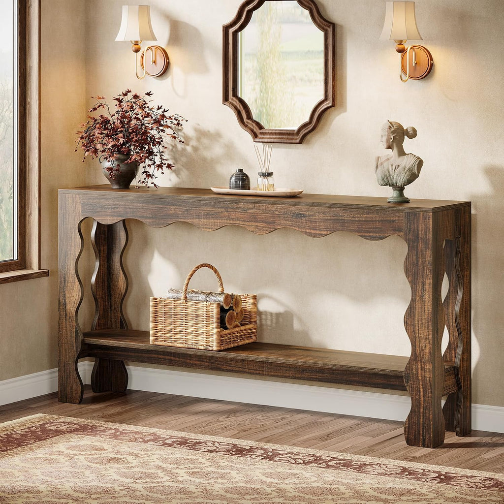 Tribesigns 63 Inch Entryway Table, Modern Rustic Entry Table with Scalloped Edge & Storage Shelf, Accent Narrow Long Sofa Table Behind Couch Console Tables for Entryway, Living Room, Dark Brown