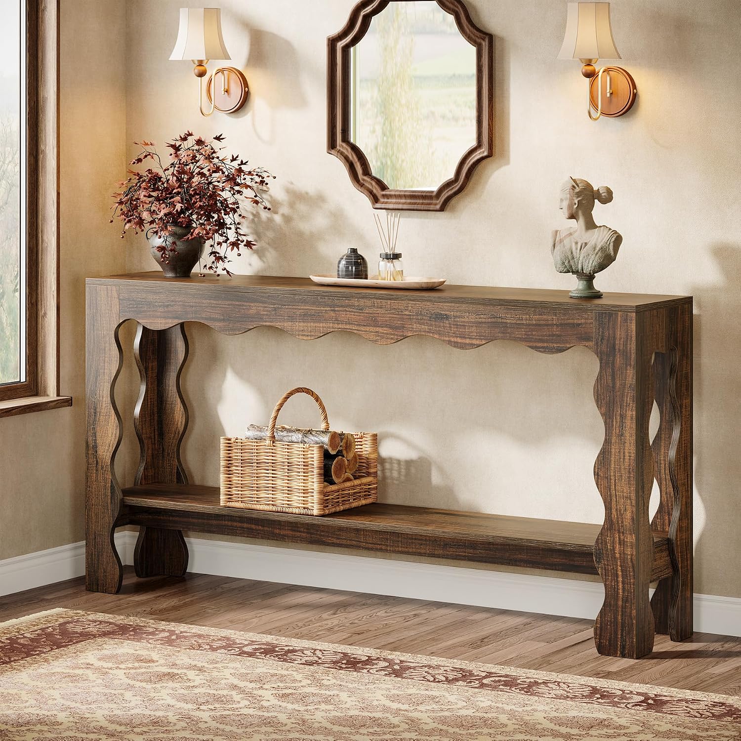 Tribesigns 63 Inch Entryway Table, Modern Rustic Entry Table with Scalloped Edge & Storage Shelf, Accent Narrow Long Sofa Table Behind Couch Console Tables for Entryway, Living Room, Dark Brown