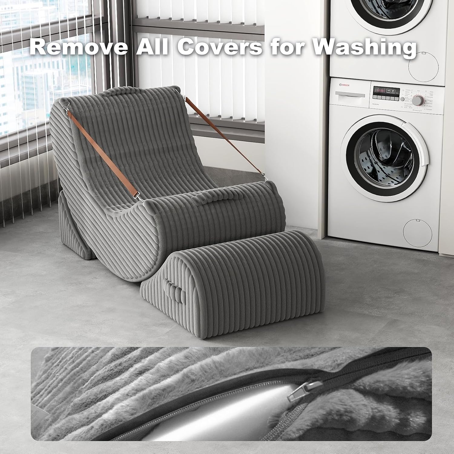 3-in-1 Adjustable Zero Gravity Floor Chair, Oversized Corduroy Boneless Chair for Adults with Memory Foam & Washable Cover, Silent Rocker Recliner Lounge Chair for Reading, Nursing, Gaming, Gray