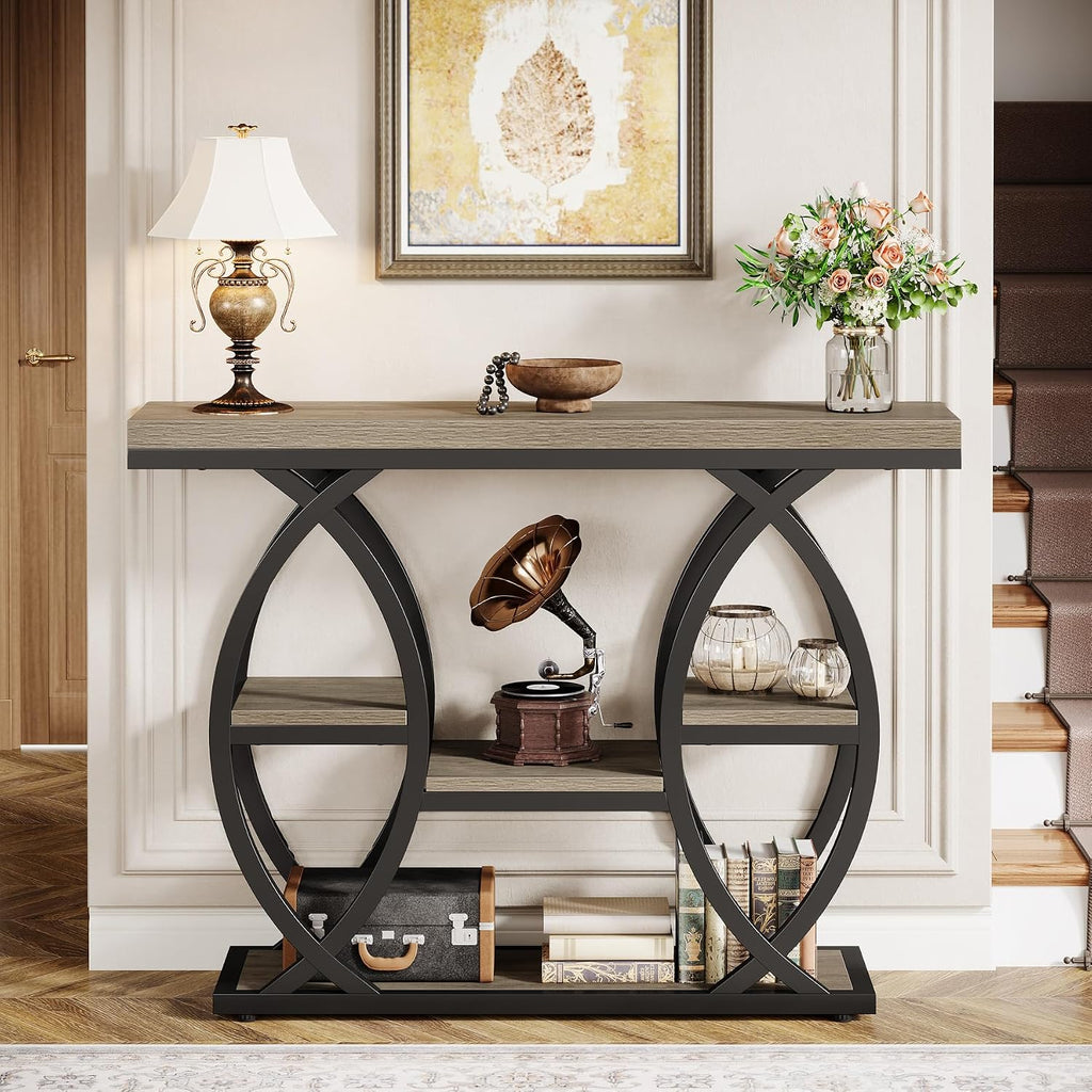 Tribesigns 39.4' Console Table, Industrial 4-Tier Sofa Table Entryway Table with Storage Shelves, Narrow Wood Accent Tables with Metal Frame for Small Spaces, Hallway, Foyer, Grey