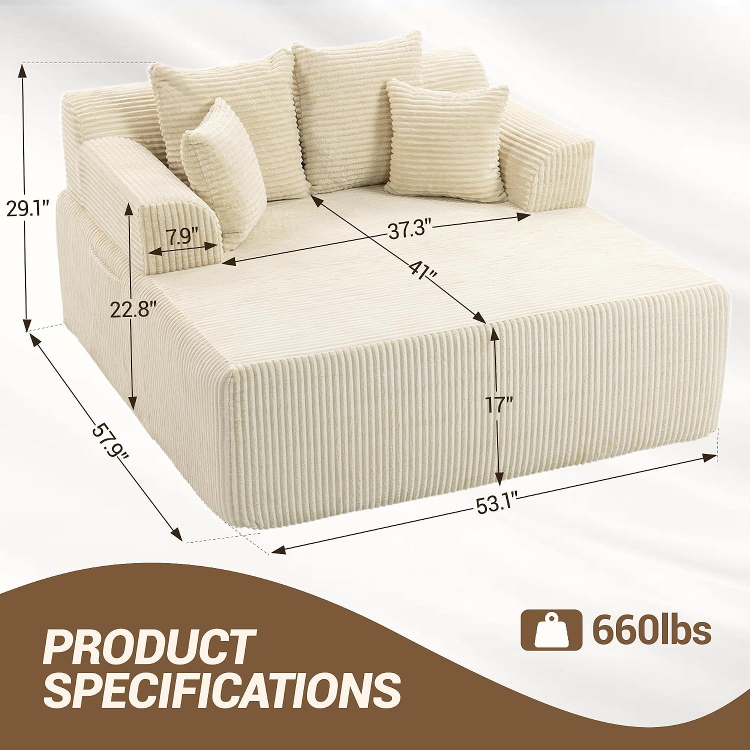 58' Chaise Lounge Chair Indoor, Beige - Oversized Corduroy Boneless Sleeper Sofa Bed with Armrests and 4 Pillows, No Assembly for Living Room