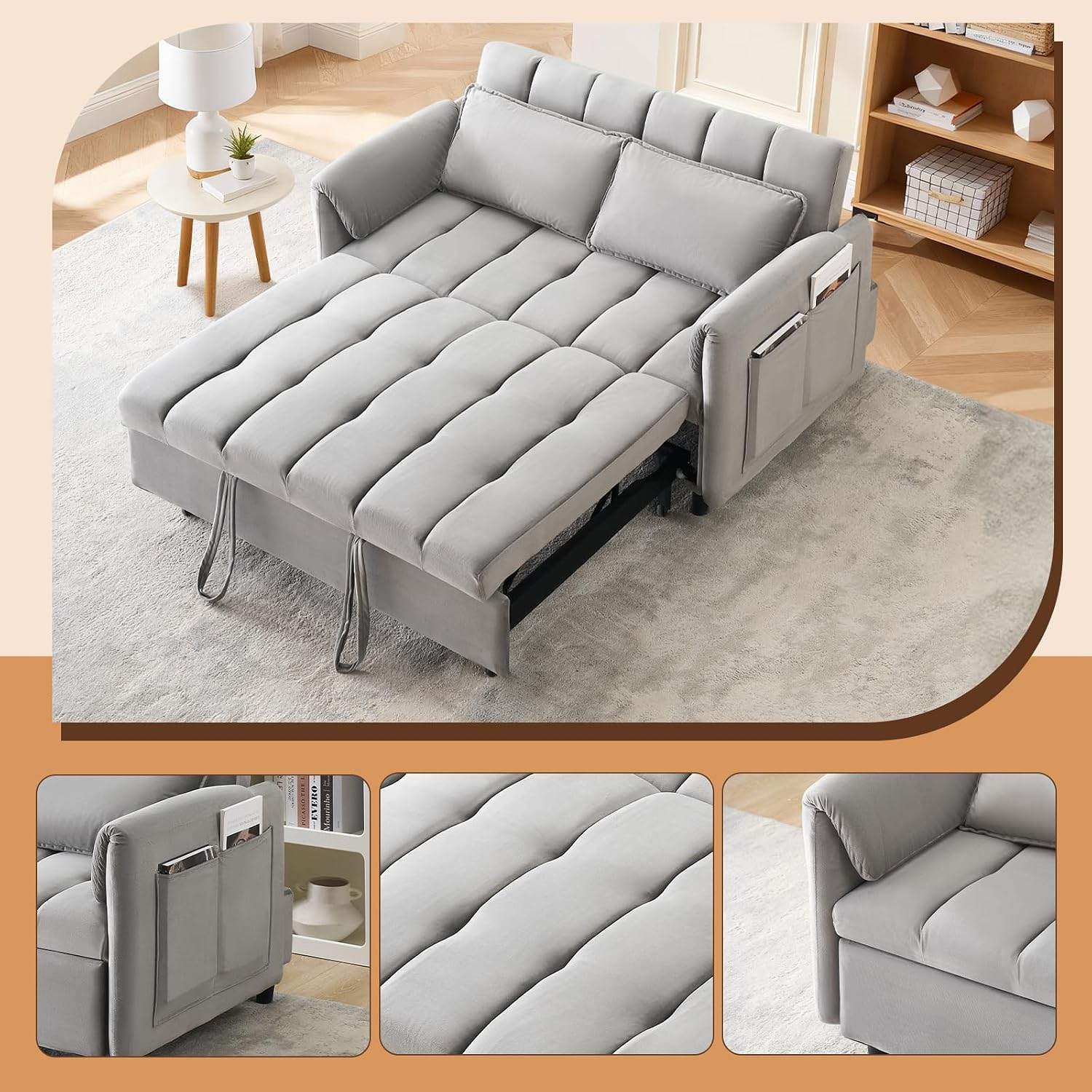 CAPCAEK 3 in 1 Convertible Sleeper Sofa Bed, Modern Velvet Loveseat Pull-Out Couch w/Pullout Bed, Small Love Seat Lounge Sofa w/Reclining Backrest,Toss Pillows, Pockets, for Living Room