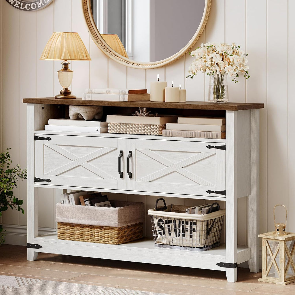 HOOBRO Farmhouse Console Table with Storage, 47.2' Long Entryway Table, White Sofa Table with Doors and Cabinets, Narrow Sofa Table Behind Couch, for Hallway, Foyer, White and Walnut