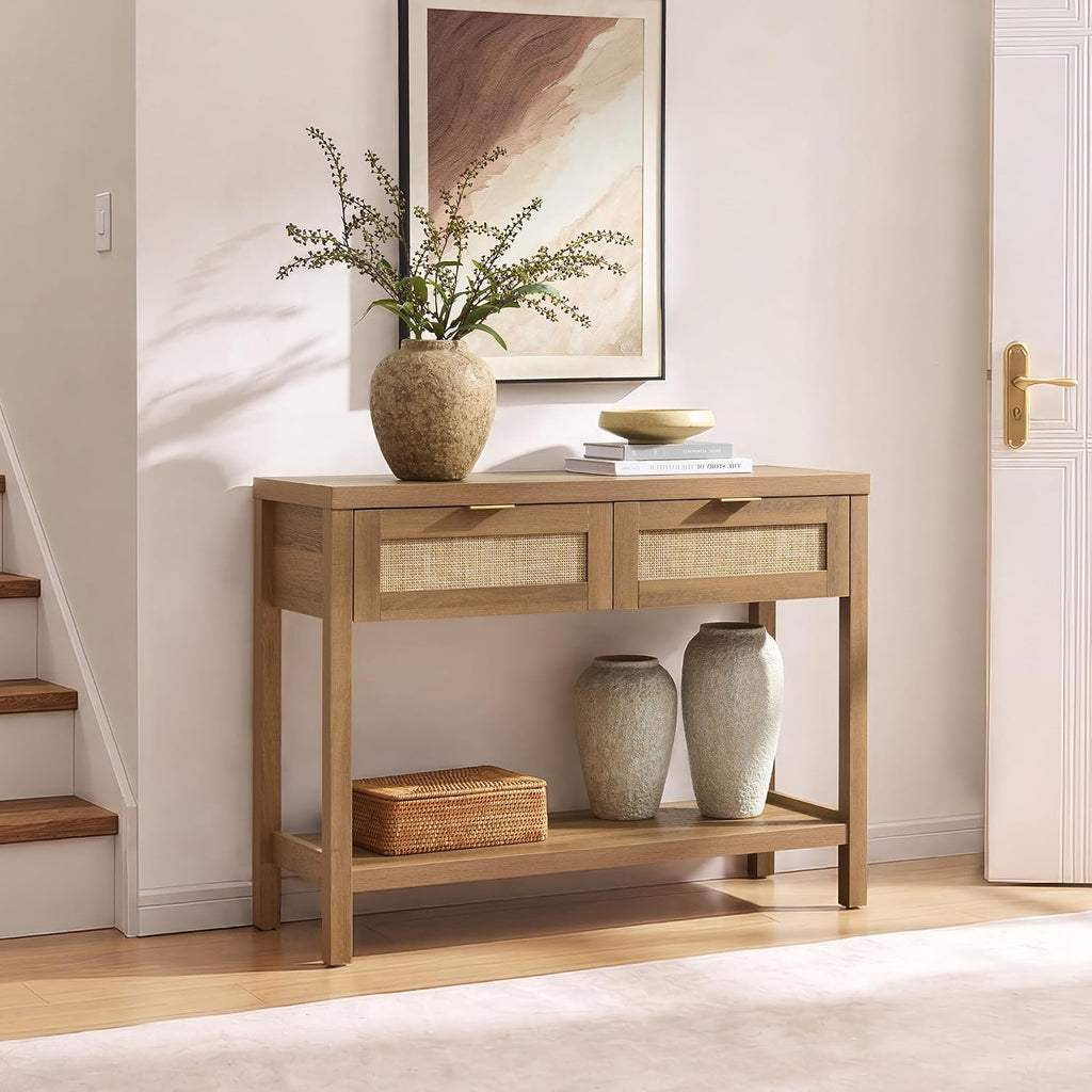 SICOTAS Console Table with Rattan Drawers - Boho Rattan Entryway Table with Storage, Small Console Tables for Entryway, Entry Tables for Hallway