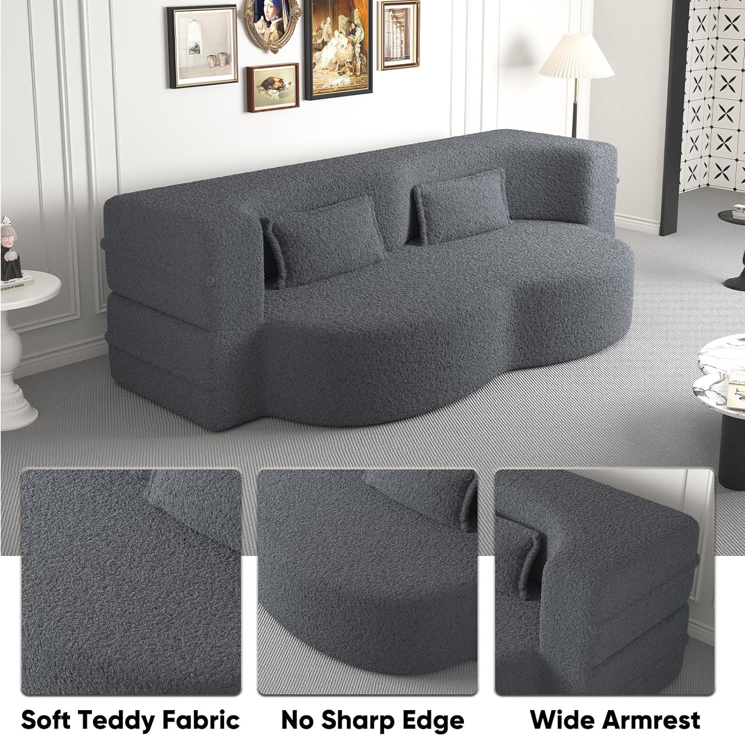 JOYBASE 78in Sofa Couch Convertible Oversized Cloud Loveseat Minimalist Sleeper Sofa Bed for Living Room, Apartment, Office, No Assembly Required (Grey)