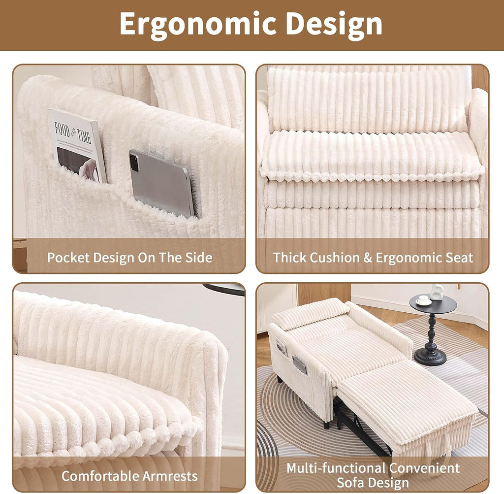 Majnesvon Modern Corduroy Fabric Sofa Bed Futon,3 in 1 Convertible Pullout Sleeper Couches with 3 Reclining Backrests,Small Sofa Chair Bed for Living Room Bedroom (White)