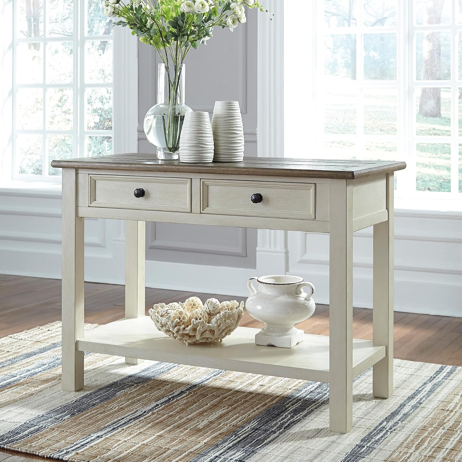 Signature Design by Ashley Bolanburg Sofa Table, Two‑Tone Wood Console With Drawers, Antique Finish With Metal Hardware, Ideal for Entryway or Living Room Display, Antique White