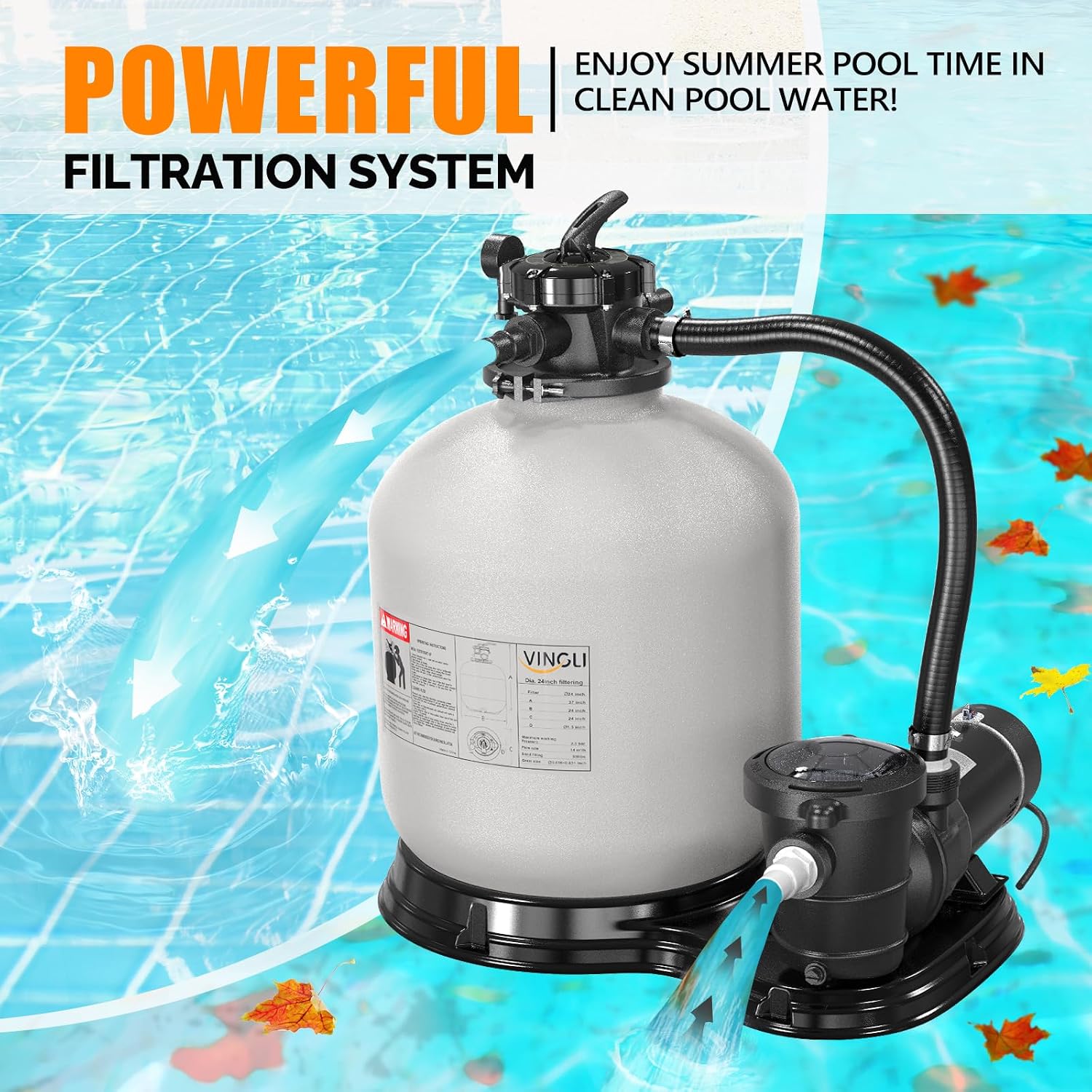 VINGLI Sand Pool Filter 24in Tank With A 1.5 HP Pump 115V Above Ground Pool Pump with Filter Basket,5400 GPH