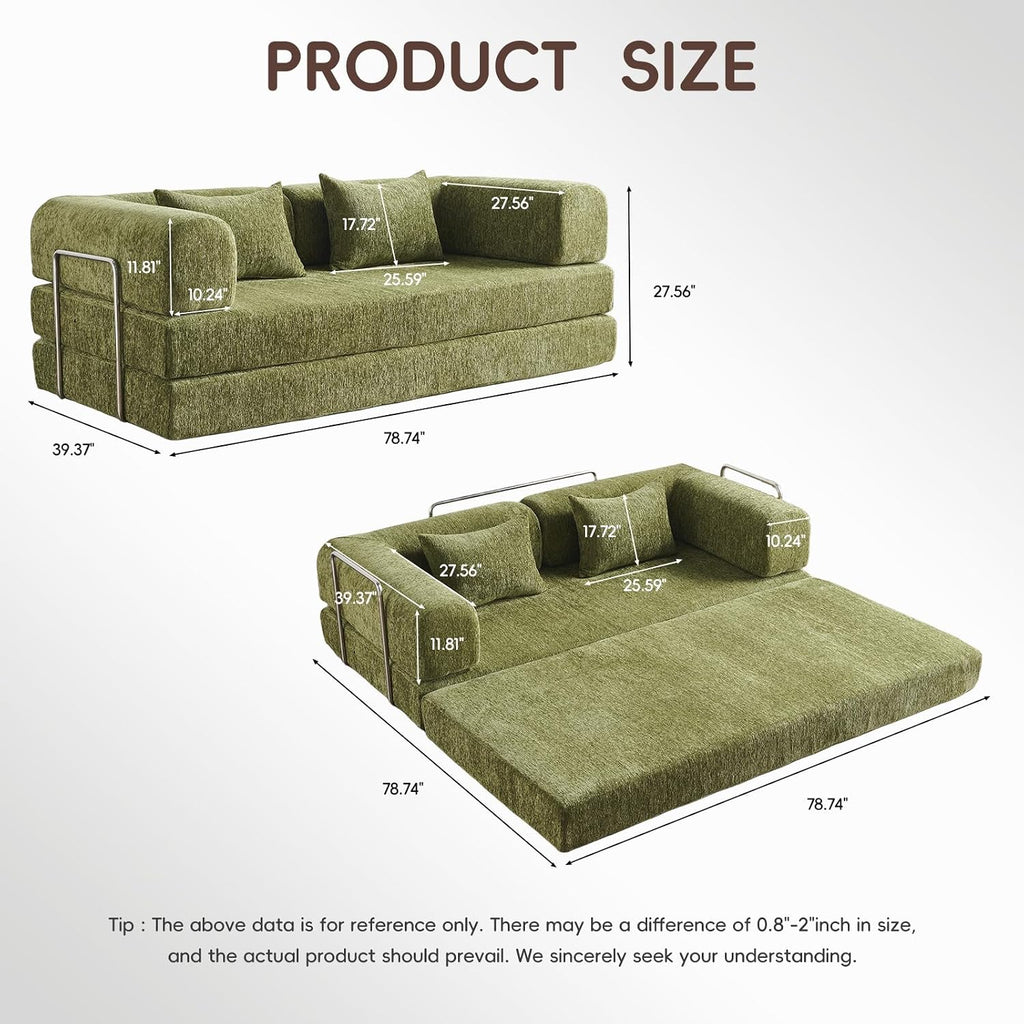 5-in-1 Convertible Folding Sofa Bed, 79' Queen Chenille Boneless Couch with Removable Armrests, No Assembly Loveseat Sleeper Sofa, Modular Futon Couch for Living Room & Bedroom, Green