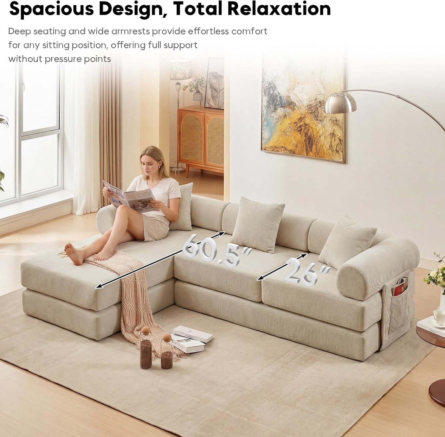 L Shaped Modular Sofa Bed with Cylindrical Pillow & Reversible Chaise, Corduroy Folding Floor Convertible Sofa Couch Bed with Fixed-Shape Frame & Storage Pocket for Living Room, Beige