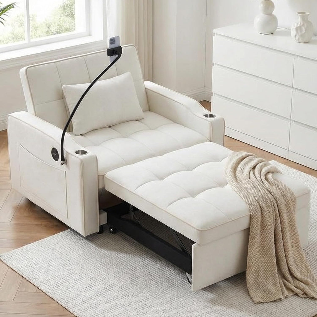 Majnesvon Modern Velvet Fabric Sofa Bed Futon,3 in 1 Convertible Pullout Bed Couches with 3 Reclining Backrests,Phone Stand,Small Sofa Single Sleeper Chair Bed for Living Room Bedroom (Beige)