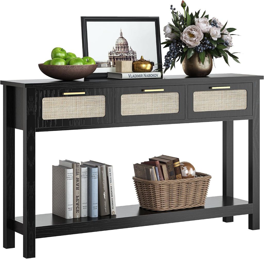 ELYKEN 51.2' Black Console Tables for Entryway, Rattan Entryway Table with 3 Drawer & Shelf, Narrow Long Sofa Table for Behind Couch Hallway, Entrance Entry Living Room