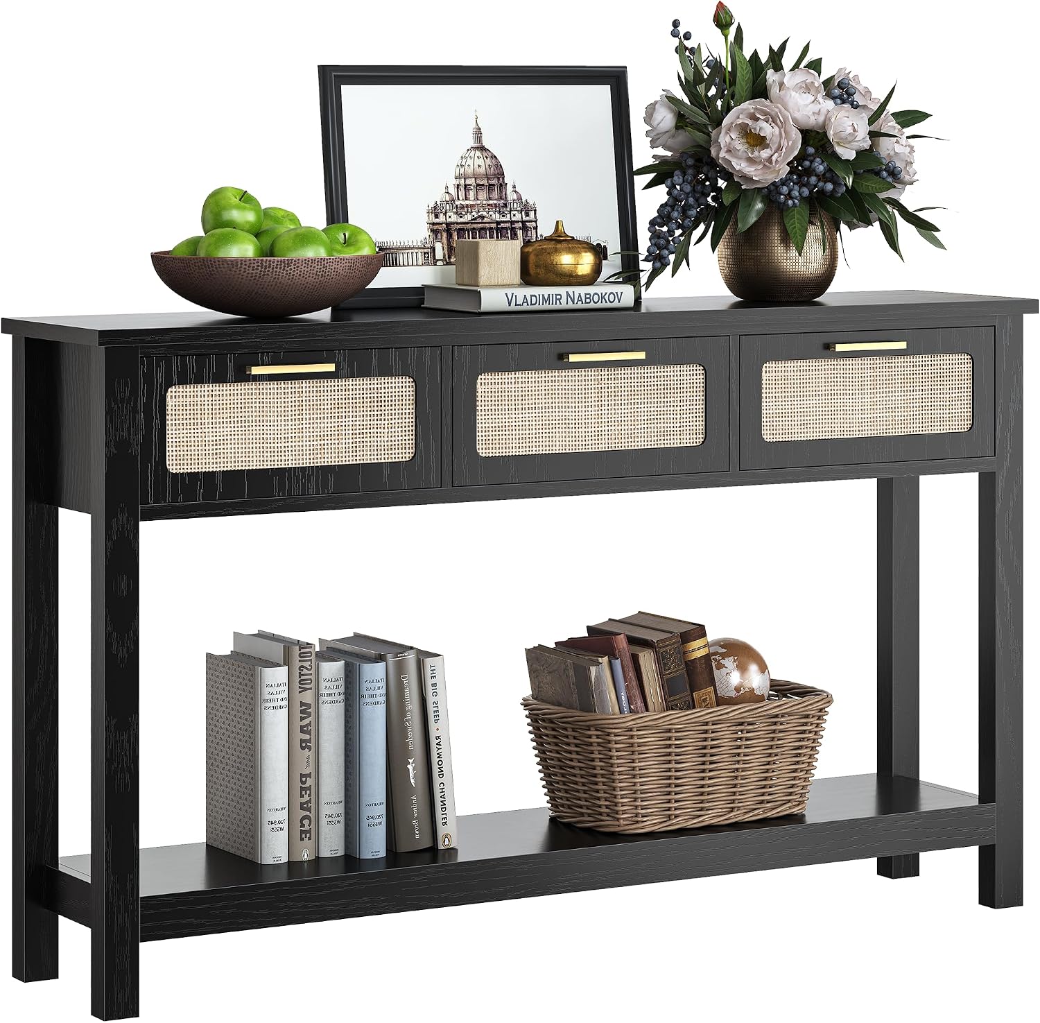 ELYKEN 51.2' Black Console Tables for Entryway, Rattan Entryway Table with 3 Drawer & Shelf, Narrow Long Sofa Table for Behind Couch Hallway, Entrance Entry Living Room