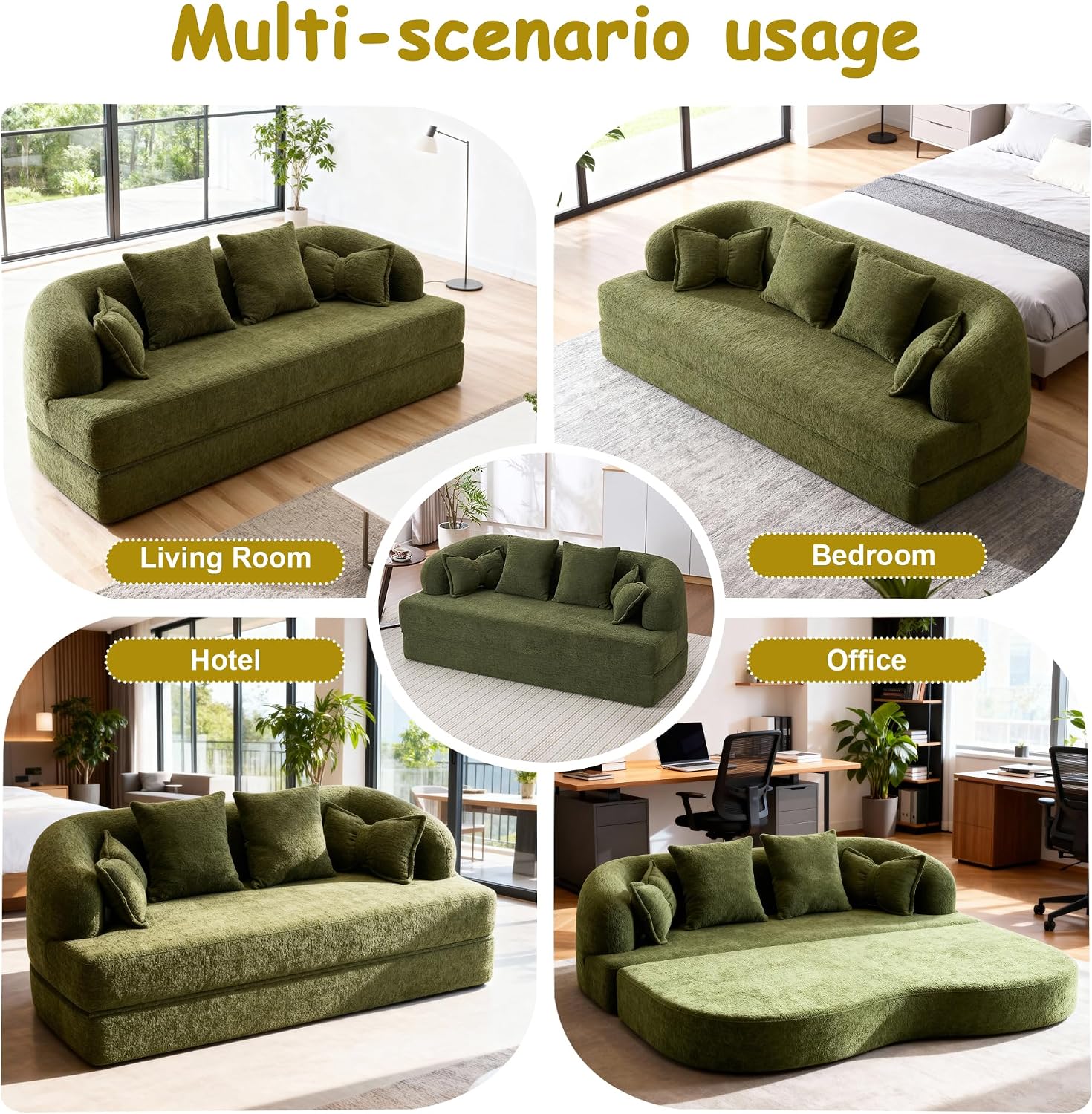 70' Convertible Sofa Bed, 2-in-1 Boneless Sleeper Sofa, Soft Chenille Folding Sofa Loveseat with 4 Pillows, Love Seat Small Couch for Small Spaces, Living Room, Bedroom, No Assembly