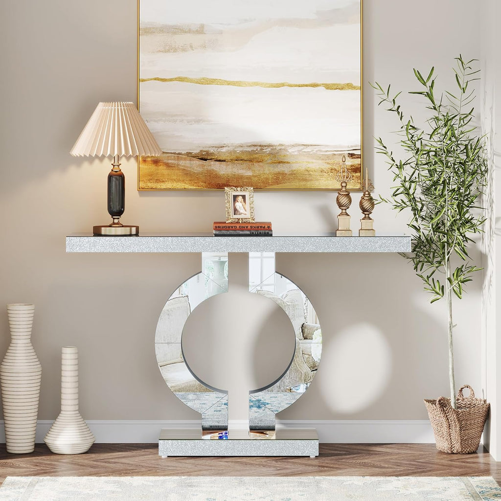 Tribesigns Modern Mirrored Console Table, Glass Sofa Table with Mirror Finish, 43-Inch Entryway Table with O-Shaped Base, Rectangular Accent Foyer Table for Living Room Hallway Entrance (Silver)