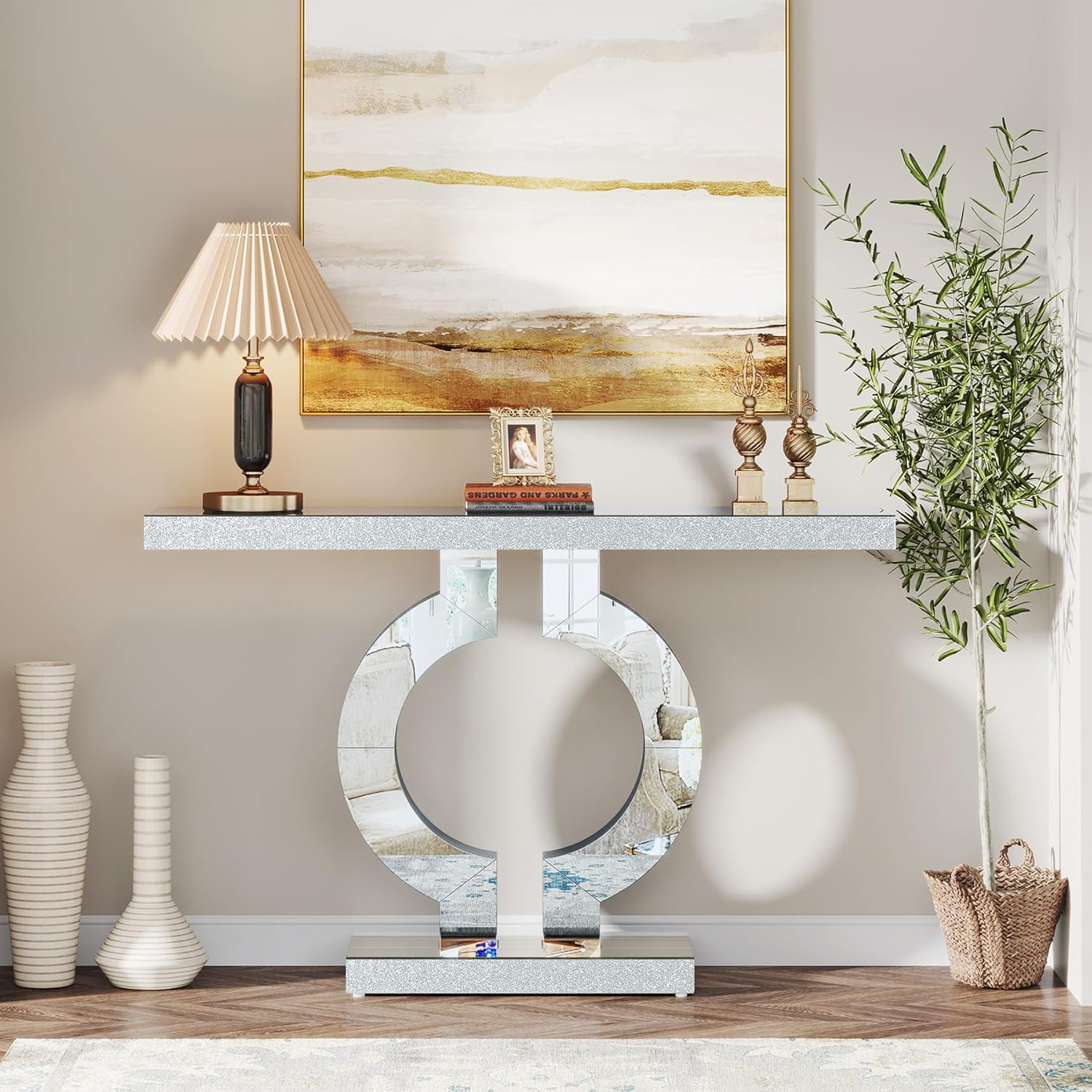 Tribesigns Modern Mirrored Console Table, Glass Sofa Table with Mirror Finish, 43-Inch Entryway Table with O-Shaped Base, Rectangular Accent Foyer Table for Living Room Hallway Entrance (Silver)