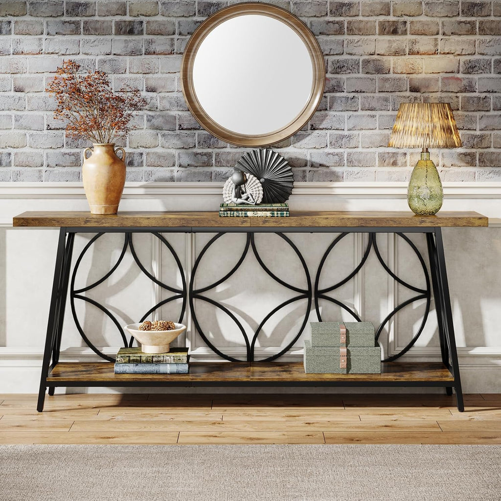 Celaform 70.9-Inch Sofa Table, 2-Tier Narrow Console Table with Storage for Living Room, Entryway, Hallway, Foryer, Geometric Pattern Design (Rustic Brown)
