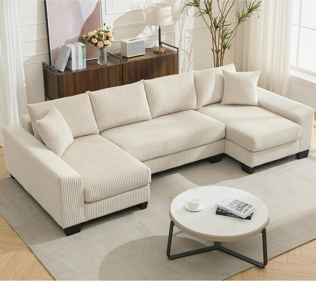 114' Sectional Couches with Pull Out Bed for Living Room, Oversized 2 in 1 Sectional Sleeper Sofa Comfy, Modern Upholstery 4 Seat U Shaped Couches with Double Chaise for Apartment, Beige