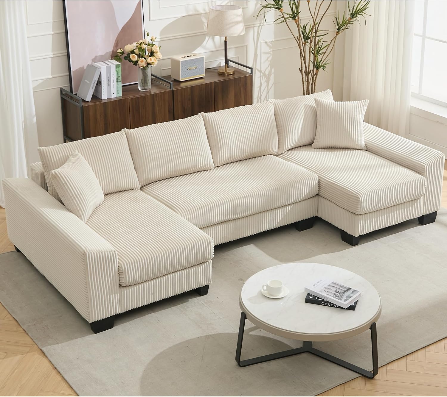 114' Sectional Couches with Pull Out Bed for Living Room, Oversized 2 in 1 Sectional Sleeper Sofa Comfy, Modern Upholstery 4 Seat U Shaped Couches with Double Chaise for Apartment, Beige