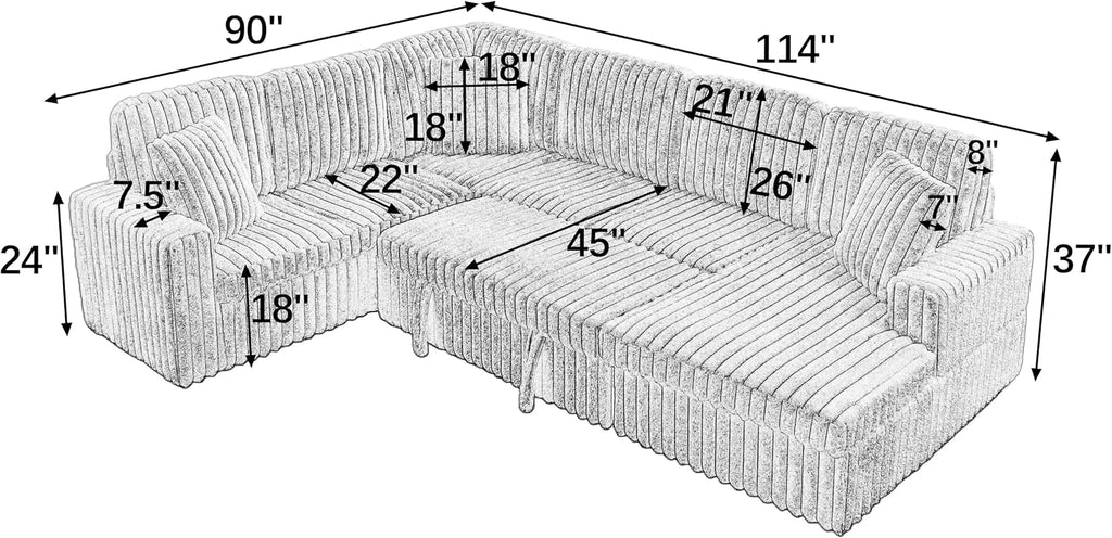 THSUPER 114-Inch Oversized U Shaped Plush Corduroy Fluffy Sectional Sleeper Sofa with Pull Out Bed and Storage Chaise Lounge - Beige
