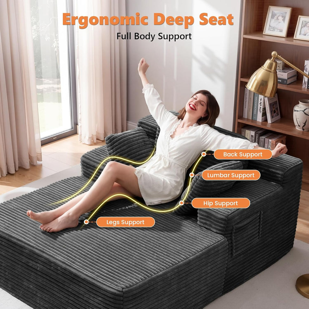 67' Oversized Chaise Lounge Chair Indoor with Double Side Pockets, Corduroy Deep Seat Couch, Boneless Couches for Living Room, No Assembly, Grey